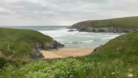 A sandy beach with a small stream flowing into the sea. Several people are walking or standing, some with dogs. The beach is surrounded by hills and cliffs.