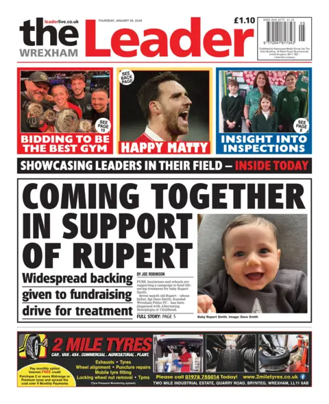 Wrexham Leader Wrexham Leader front page. Headline is: "Coming together in support of Rupert"