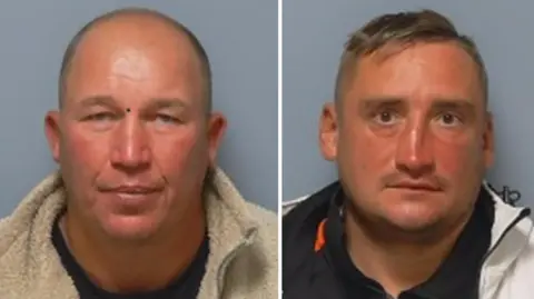 Custody photos of Oleksandr Yavtushenko (left), with short-cropped balding hair, and Vladyslav Cherniavskyi, whose brown hair is shaved at the sides and parted on top.