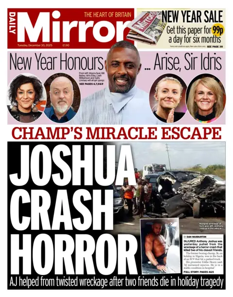 "Champ's miracle escape: Joshua crash horror" reads the headline on the front page of the Daily Mirror.