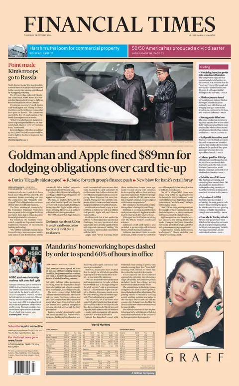 The headline in the Financial Times reads: "Goldman and Apple fined $89m for dodging obligations over card tie-up". 