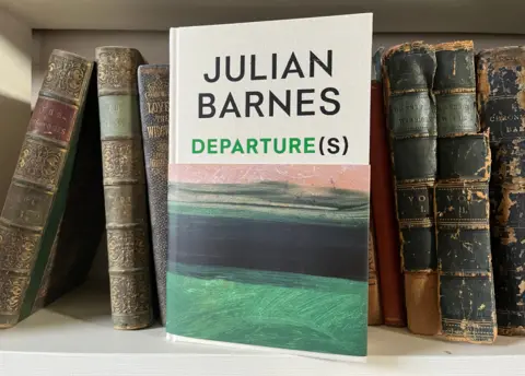Gagosian/Suzanne Dean Front cover of Departures shows the Howard Hodgkin painting -- green landscape, above which is black, more green shades and then a pinky sky. Book is leaning against old books on a book shelf.