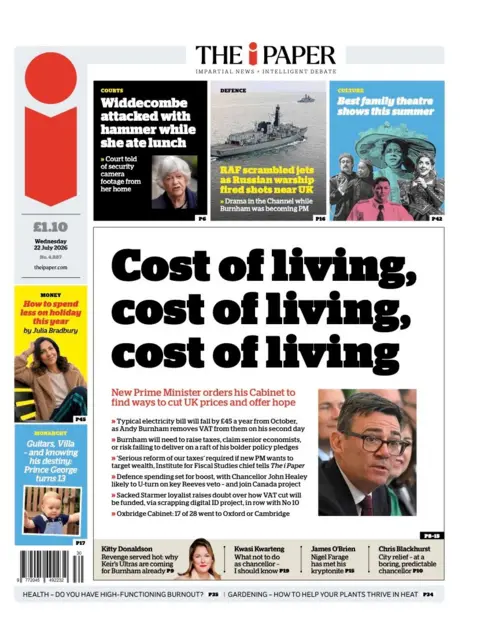 The headline on the front page of the i Paper reads: “Cost of living, cost of living, cost of living”.