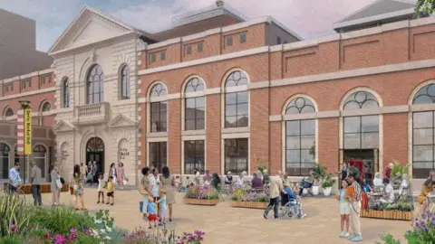 An artists impression of a public square outside the market teeming with people