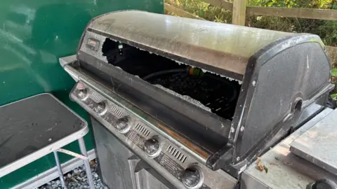 Charlie Stubbs / BBC There is a dark grey metal barbecue which has had its glass screen smashed. It had five dials below it with multiple air vents. You can see inside the barbecue and see a grid and shards of glass. It has a dark green wall to its left and a broken table in front of it.