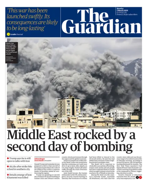 The headline on the front page of the the Guardian reads: “Middle East rocked by a second day of bombing”.
