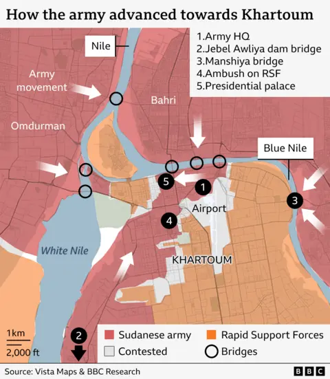 Map showing the army advance to central Khartoum