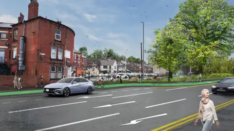Leeds City Council An artists impression which shows a green-coloured cycle lane running alongside an existing road.