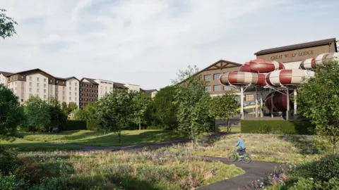 Great Wolf Resorts An artist's impression of the proposed Great Wolf Lodge development. To the right is a building with a water slide emerging from it and making various twists and turns. Over to the left is a large hotel. 