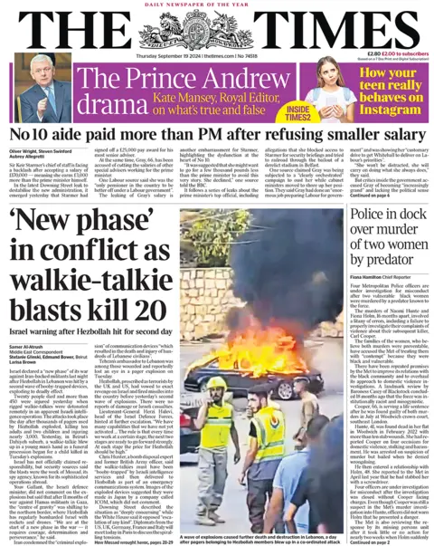 The Times header  says "'New phase' successful  struggle  arsenic  walkie-talkie blasts termination  20"