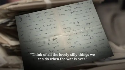 A graphic showing a letter with the quote "Think of all the lovely silly things we can do when the war is over." above it in white writing.