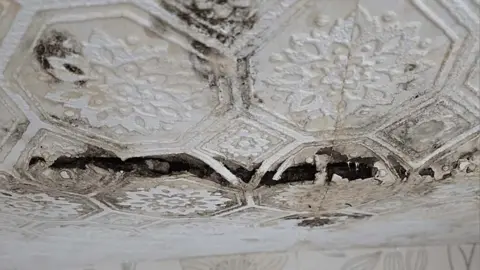 Close up of a white decorative white ceiling with dark brown patches showing damage from water ingress