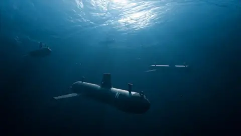 Helsing Three underwater vessels in a dark sea with fins visible.