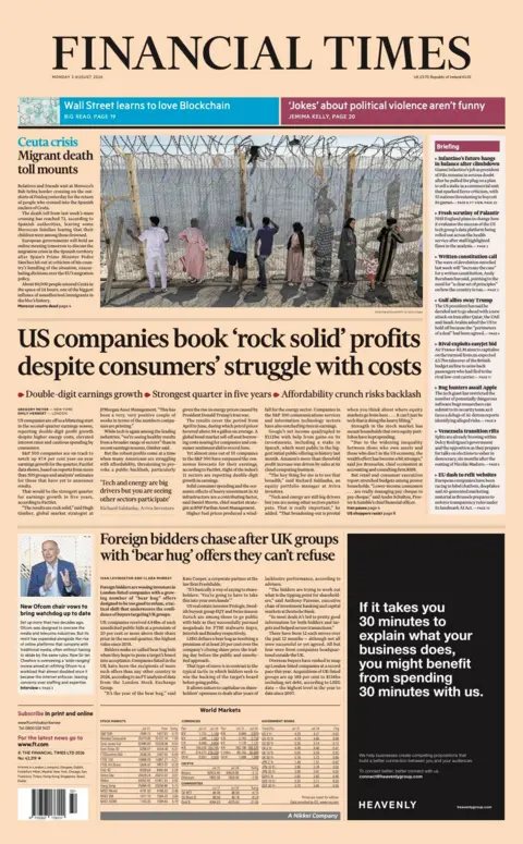 "US companies book 'rock solid' profits despite consumers' struggle with costs" reads the headline on the front page of the Financial Times.