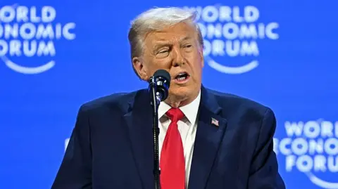 Trump in a red tie and blue jacket speaking at the world economic forum.