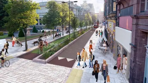 An artist's impression showing a pedestrianised street with a bicycle lane in the middle. There are trees lining the street and shops on the right hand side