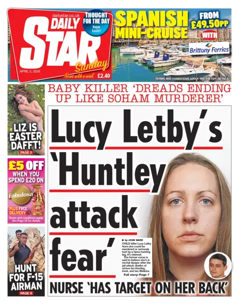 "Lucy Letby's 'Huntley attack fear'," reads the headline on the front page of the Daily Star.