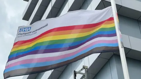 Gloucestershire Hospitals NHS Foundation Trust Rainbow LGBTQ+ outside hospital building