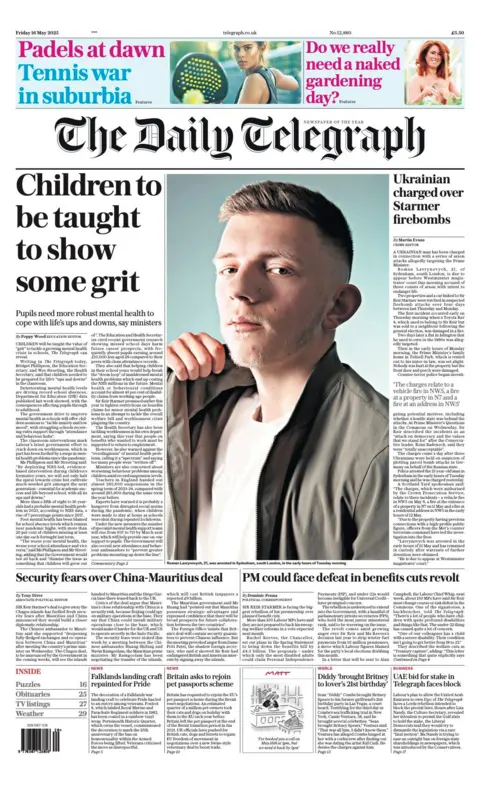 The headline on the front page of the Daily Telegraph reads: "Children to be taught to show some grit".