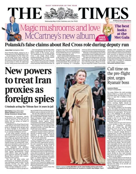 The headline on the front page of the Times reads: "Polanski's false claims about Red Cross role during deputy run."