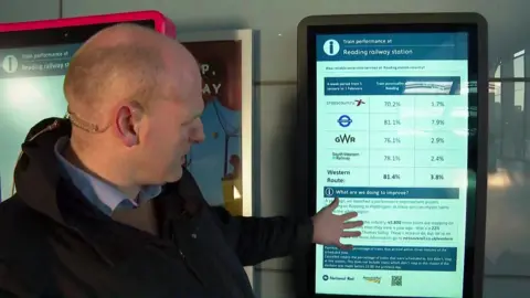 Transport correspondent Sean Dilley beside a screen at Reading train station detailing how many trains are on time and how many are cancelled at the station by operator.