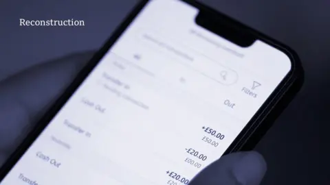A snapshot of a mobile phone showing an online banking app with various withdrawals and transfers