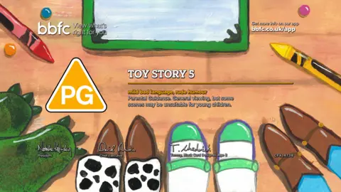 BBFC From left, the bottom of the design shows the feet of Rex the dinosaur, Jessie, Buzz Lightyear and Woody. At the top, a green tablet can be seen. The design also includes two crayons, set against a light brown, brick-style background design. 