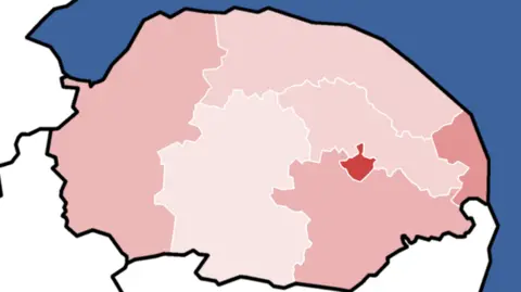 A colour-coded map showing the seven smaller local authority areas in Norfolk.