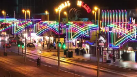 Blackpool Illuminations on Blackpool Promenade showing Coral Island amusements