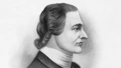 Getty Images A side profile portrait sketched in pencil shows a with hair brushed back - in s style similar to a judge's wig. A high white collar rises around his neck and the lapels of a jacket can be seen. 