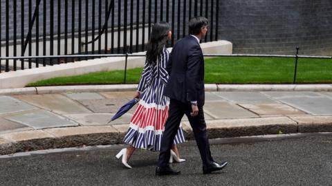 Outgoing prime minister Rishi Sunak walking away from Downing Street with his wife