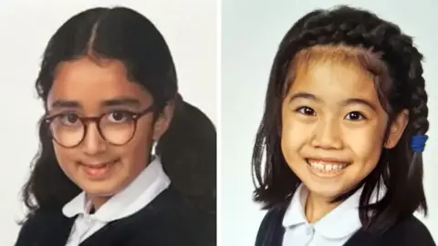 Neuria Sajjad, Left, and Selena Lau - Nuria's family handout school photo images have glasses and her long black hair; Selena is smiling on the camera and a plaque has part of her shoulder length black hair