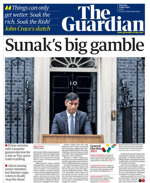 "Sunak's big gamble" headlines the Guardian 