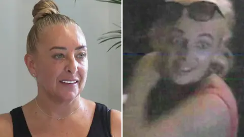Jacqueline Cowdall, with tied-back blonde hair, and a picture of the suspect she was mistaken for, who has blonde hair and sunglasses on her head