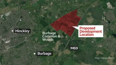 Google A satellite map showing Hinckley, Burbage and the proposed development area to the west of them, marked in red. 