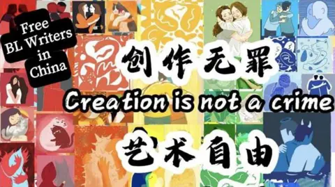Instagram / Freewritersofhaitang A sign that reads "Creation is not a crime" and "Artistic freedom" in support of the arrested Haitang writers