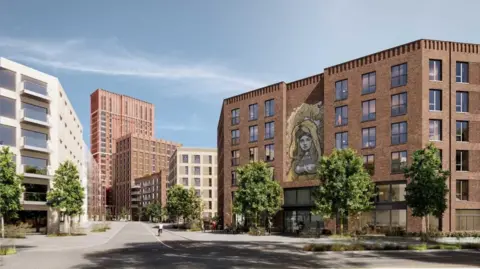 A digital image shows the vision for the scheme. Taken looking down a wide, tree lined street, the 23-storey student block can be seen in the distance. The road towards it is lined by several apartment blocks.