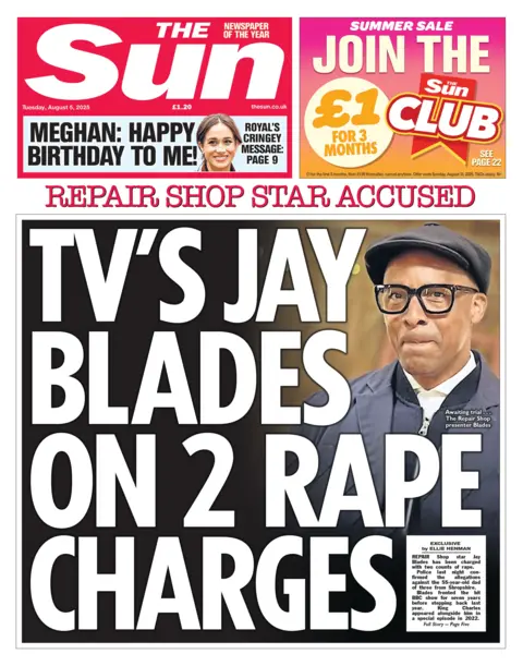 The headline on the front page of the Sun reads: "TV's Jay Blades on 2 rape charges".