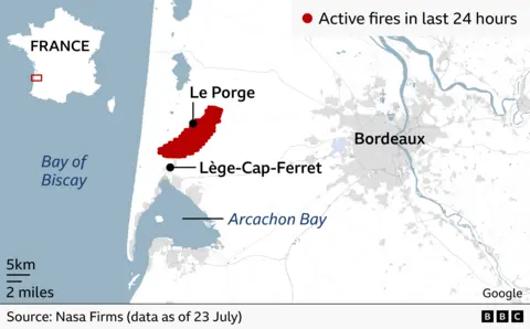 Map of south-west France showing the location of active wildfire hotspots recorded in the previous 24 hours. A large cluster of red markers stretches across a coastal area between Le Porge and Lège-Cap-Ferret, around 40km west of Bordeaux. The fires are situated to the east of the Bay of Biscay and north of Arcachon Bay. An inset map highlights the affected area on France’s Atlantic coast. Source: Nasa Firms data as of 23 July.