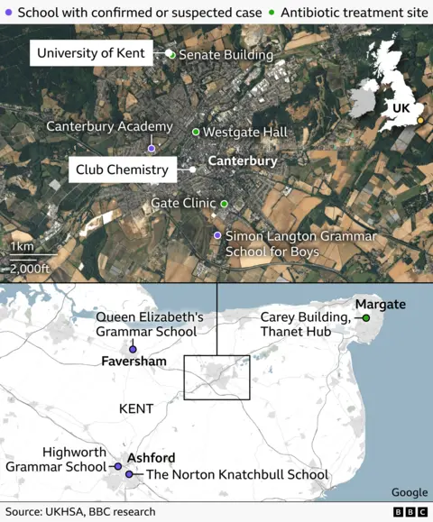 A two‑part representation showing 5 schools pinch confirmed and suspected meningitis cases and 4 antibiotic curen sites successful Kent, UK. The apical representation focuses connected Canterbury, marking schools, clinics, curen locations, Club Chemistry and nan University of Kent. The bottommost representation shows nan wider Kent area, including Faversham, Ashford, Margate and further schools. Coloured dots bespeak confirmed and suspected cases (purple), and curen sites (green).