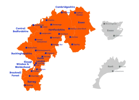 Affinity Water A map showing the Affinity Water hosepipe ban area, with the colour orange being used to highlight most of Hertfordshire and parts of Bedfordshire, Buckinghamshire, Essex, Surrey, Berkshire and north-west London. Towns labelled include Luton, Dunstable, Stevenage, Harlow, Epping, Amersham, Rickmansworth, Harrow, Uxbridge, Staines, Chertsey and Woking.
