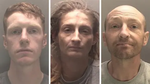 Merseyside Police A composite image showing three mugshots, the first is a clean-shaven man with ginger hair, he second is a woman with messy light brown hair and the third is a bald man with light stubble. All three are wearing plain grey sweatshirts. 