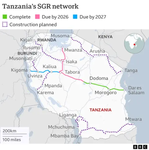 A map showing the existing and planned railway network in Tanzania. Three lines stretch east-west across the country including one from Dar es Salaam to the western border.