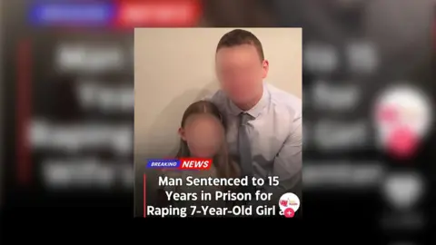 A screenshot taken from TikTok with the headline "man sentenced to 15 years in prison for raping seven-year-old girl". The post includes a photo of a man wearing a shirt and tie with his arm around a young girl. Both of their faces have been blurred by the BBC.
