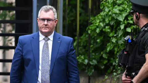 Jeffrey Donaldson, a man in a blue suit with short grey hair and glasses, seen near an entrance gate