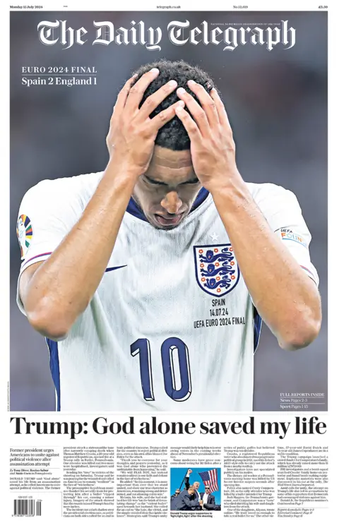 The headline in the Telegraph reads: "Trump: God alone saved my life".