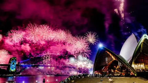  The Sydney NYE fireworks seen from the Sydney Opera House on January 01, 2025 in Sydney, Australia.