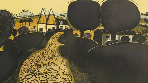 A painting by Graham Clarke. It shows a number of block-coloured trees next to houses and a path. 