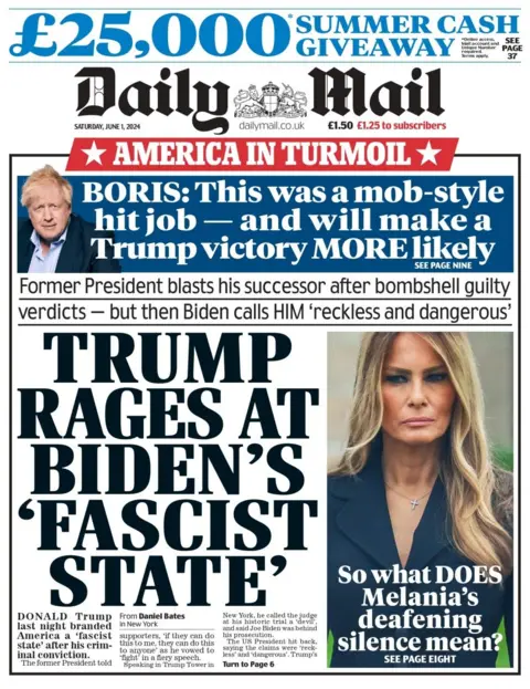 The Daily Mail headline reads: Trump rages at Biden's 'facist state'