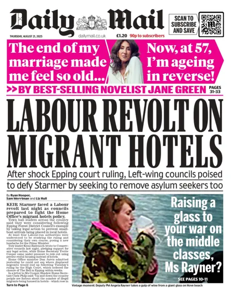 "Labour revolt on migrant hotels" reads the headline on the front page of the Daily Mail.